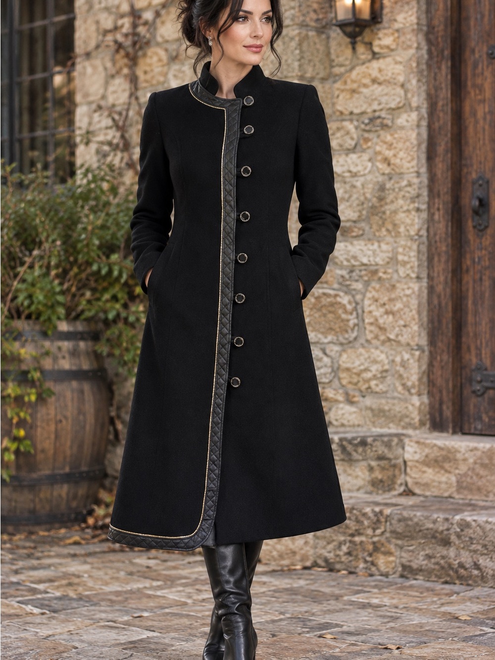 Black Long Military Structured Coat Stand Collar And Faux Leather Trim By Baydur